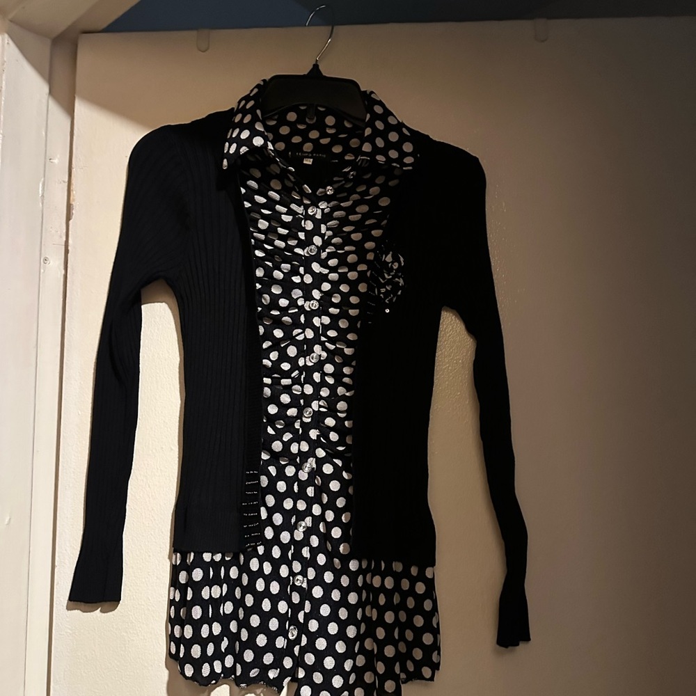 Tempo Paris Black Cardigan with Polka Dot Blouse